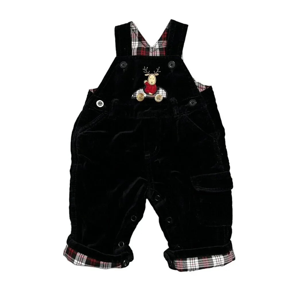 Children's Place 3-6m Black Velour Reindeer Car Holiday Appliqué Overalls